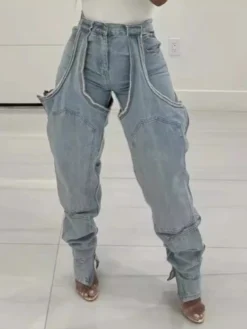 Denim Irregular Hollow Out Cargo Jeans