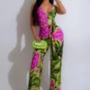 Palms Printed Halter Wide Leg Jumpsuits