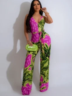 Palms Printed Halter Wide Leg Jumpsuits