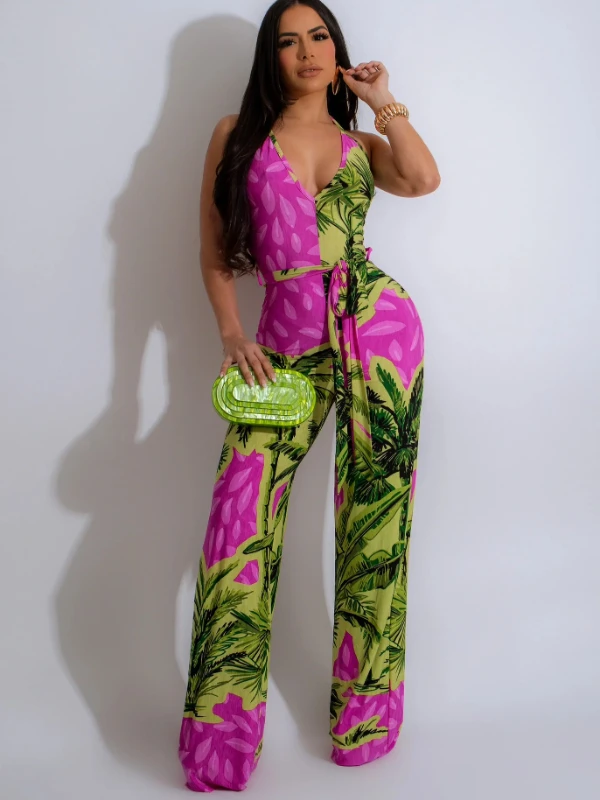 Palms Printed Halter Wide Leg Jumpsuits