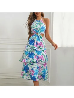 Halter Hollow Out Backless Tiered Dresses