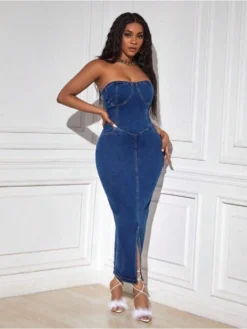 Denim Strapless Lace Up Split Hem Dress