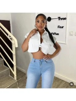 Solid Color Sleeveless Cropped Jackets