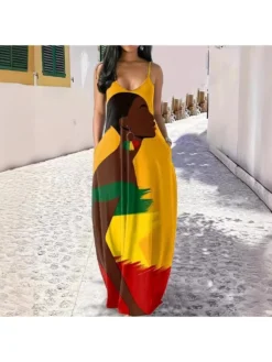 Print Spaghetti Straps Loose Dresses