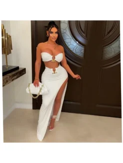 Metal Buckle Patchwork Tube Skirt Sets