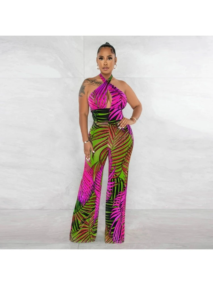 Leaf Printed Halter Wide Leg Jumpsuits