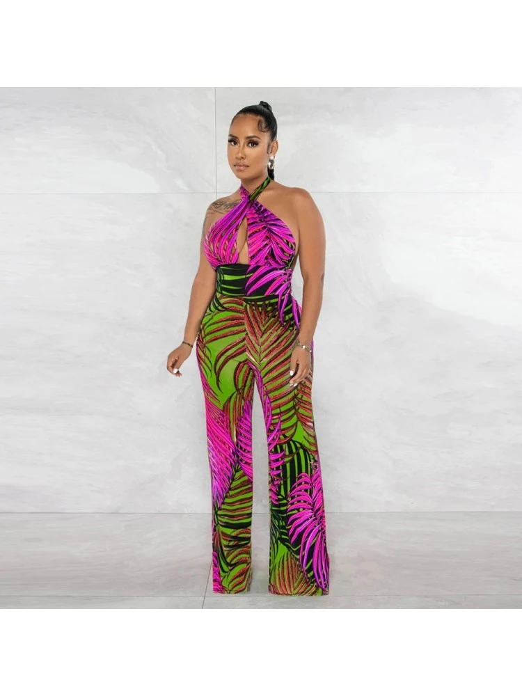Leaf Printed Halter Wide Leg Jumpsuits - Image 2