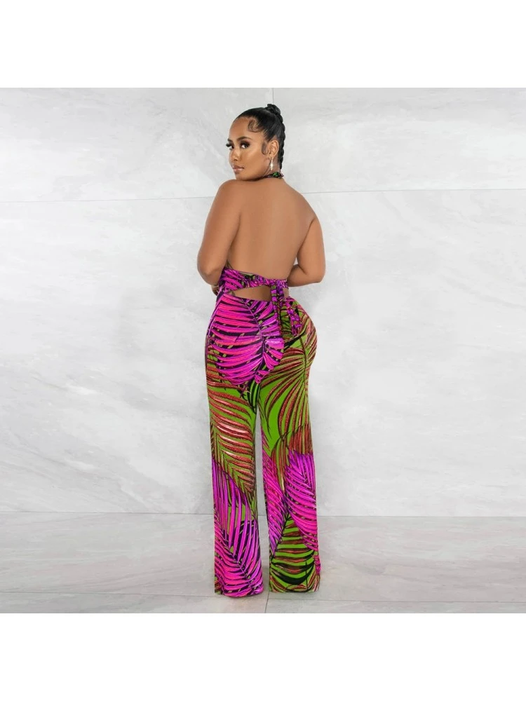 Leaf Printed Halter Wide Leg Jumpsuits - Image 3