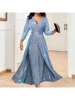 Sequin V Neck High Rise Long Sleeves Maxi Dresses