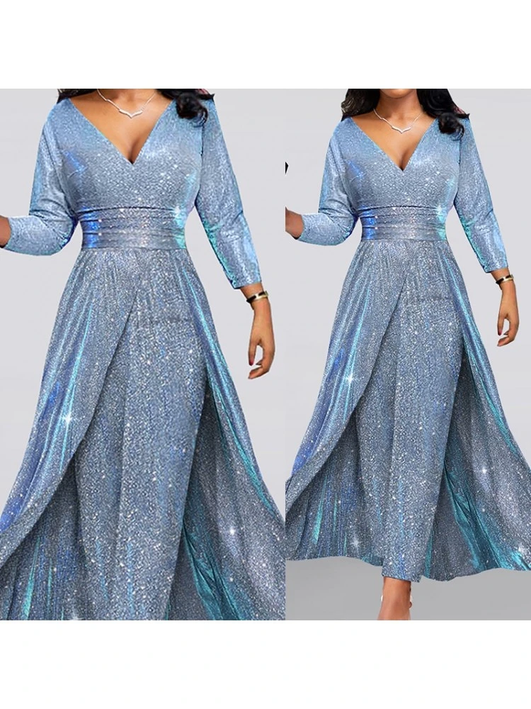 Sequin V Neck High Rise Long Sleeves Maxi Dresses - Image 3