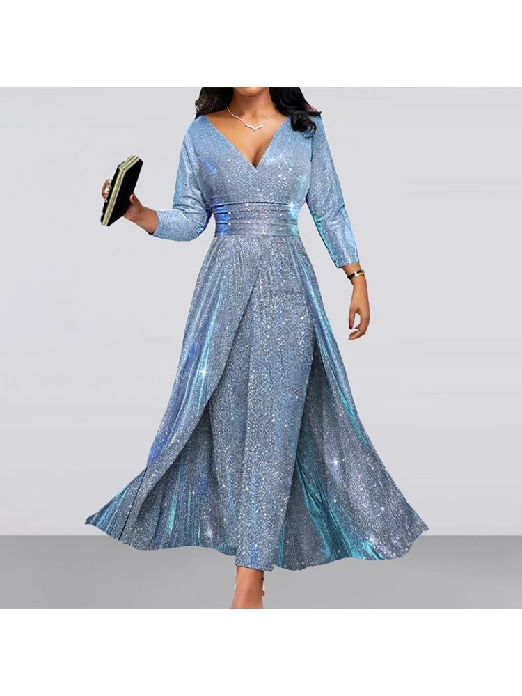 Sequin V Neck High Rise Long Sleeves Maxi Dresses - Image 5