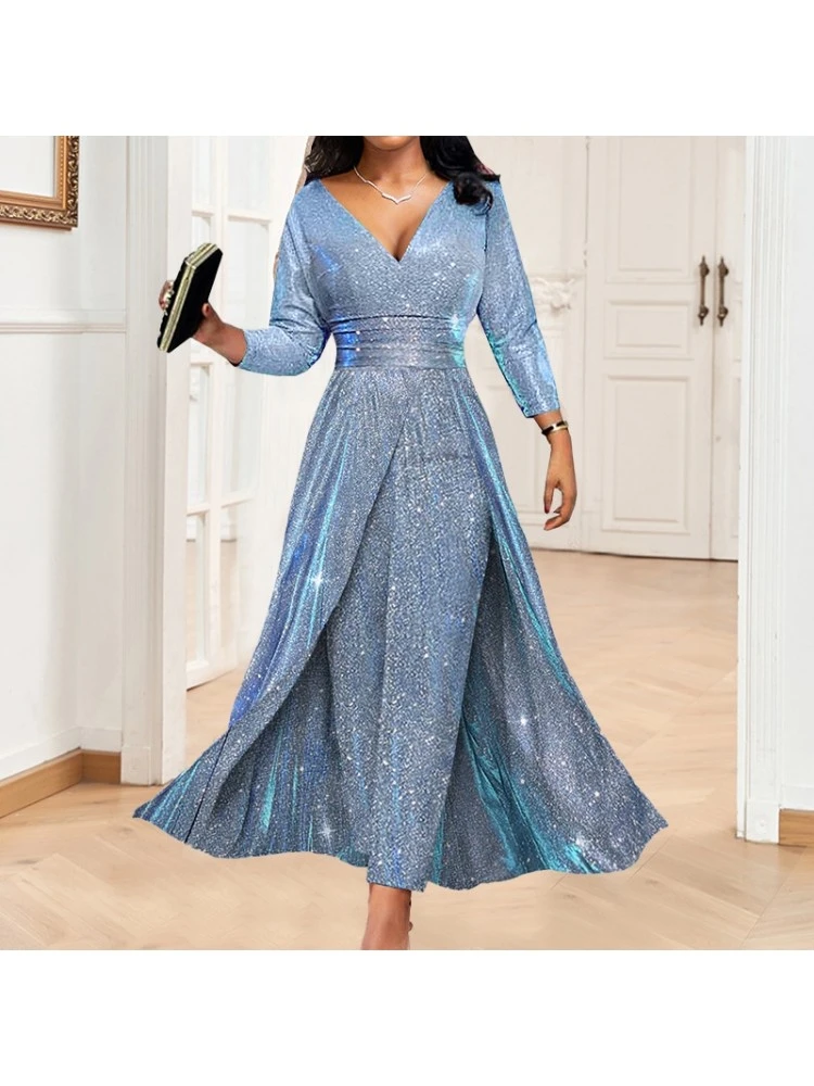 Sequin V Neck High Rise Long Sleeves Maxi Dresses - Image 6