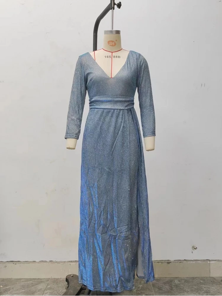 Sequin V Neck High Rise Long Sleeves Maxi Dresses - Image 7