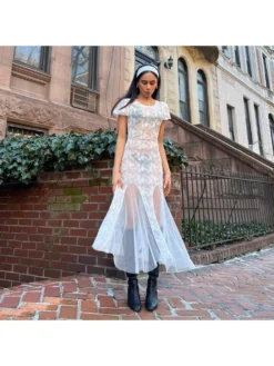 Lace Perspective Puff Sleeve Mermaid Dress