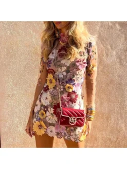 Embroidery Lace Backless Long Sleeves Dress