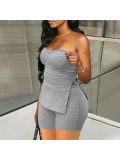 Solid Color Strapless Bodycon Trouser Sets
