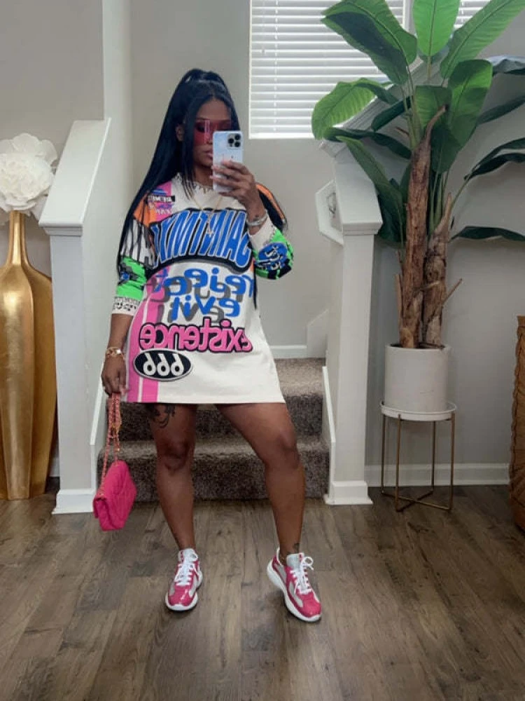 Letter Pattern Print Crewneck Fashionable Dress - Image 5