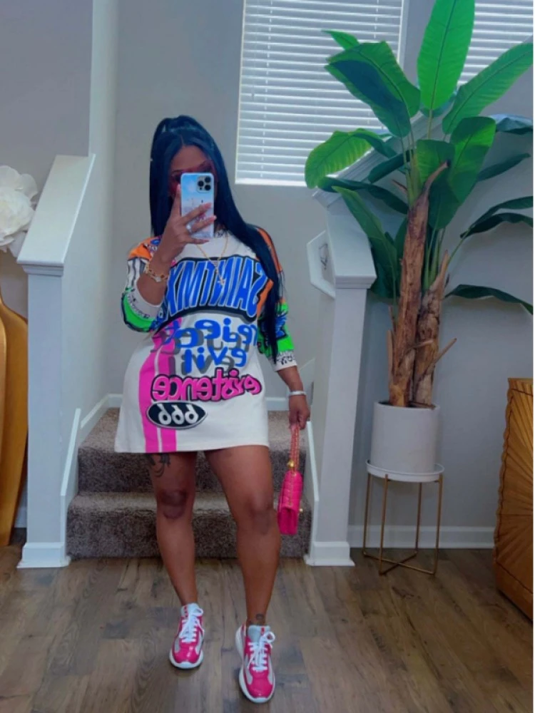 Letter Pattern Print Crewneck Fashionable Dress - Image 6