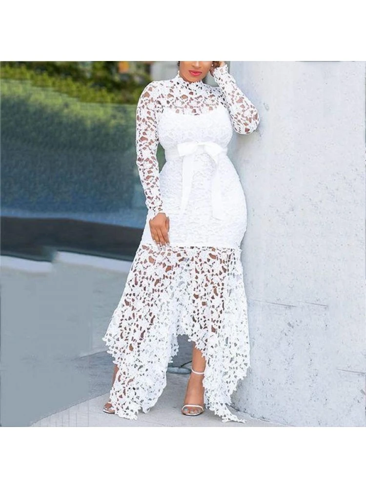 Patchwork Lace Hollow Out Long Sleeves Dress - Image 2