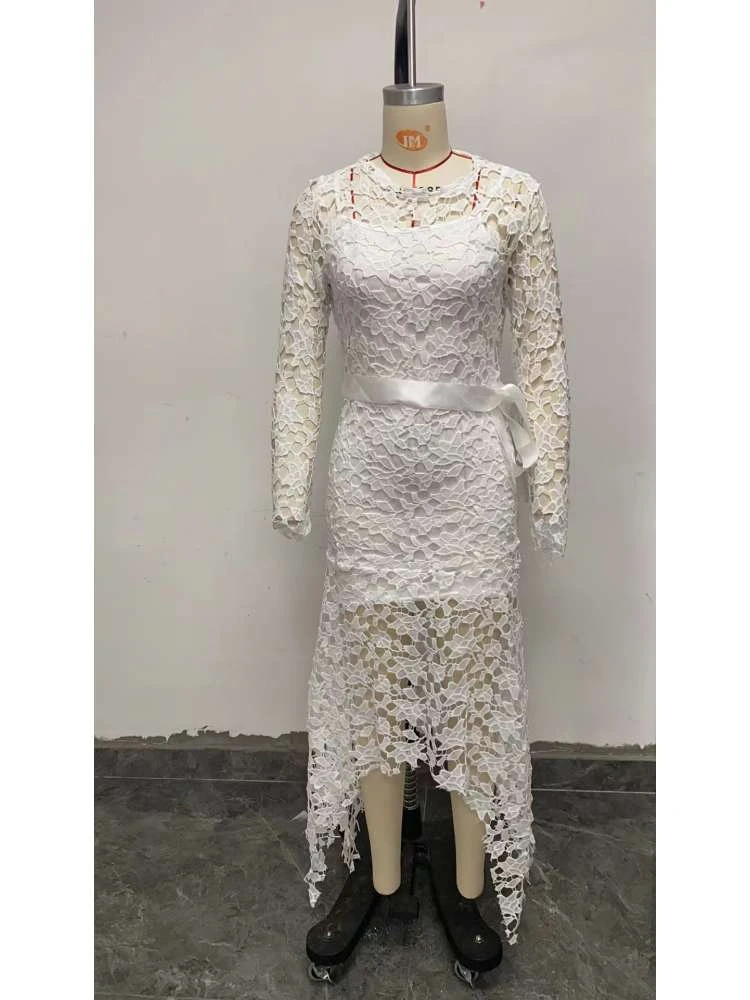 Patchwork Lace Hollow Out Long Sleeves Dress - Image 3