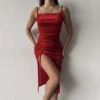 Split Hem Ruched Spaghetti Straps Dresses
