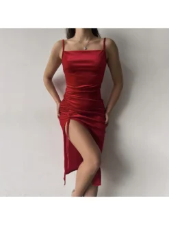 Split Hem Ruched Spaghetti Straps Dresses