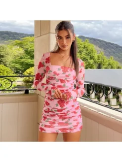 Print Ruched Square Neck Long Sleeve Dress