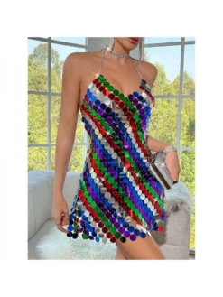 Colorblock Sequin Halter Backless Dresses