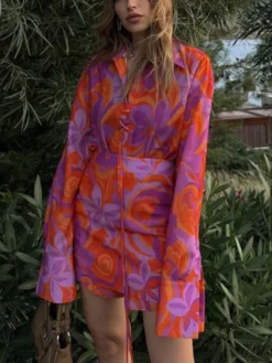 Flower Lace Up Fitted Skirt Sets