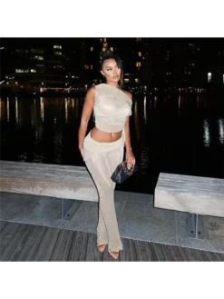 See Through One-shoulder Cropped Trouser Sets