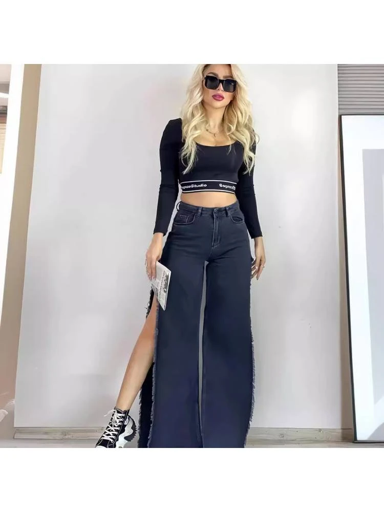 Fringe Split Hem Wide Leg High Rise Jeans
