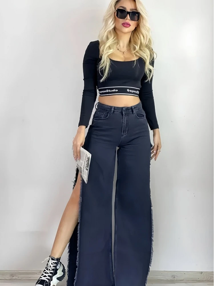 Fringe Split Hem Wide Leg High Rise Jeans - Image 3