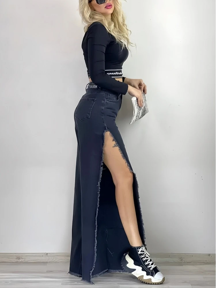 Fringe Split Hem Wide Leg High Rise Jeans - Image 4