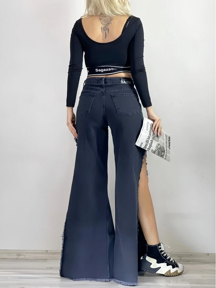 Fringe Split Hem Wide Leg High Rise Jeans - Image 5