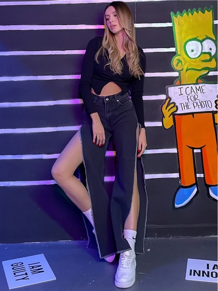 Fringe Split Hem Wide Leg High Rise Jeans - Image 6