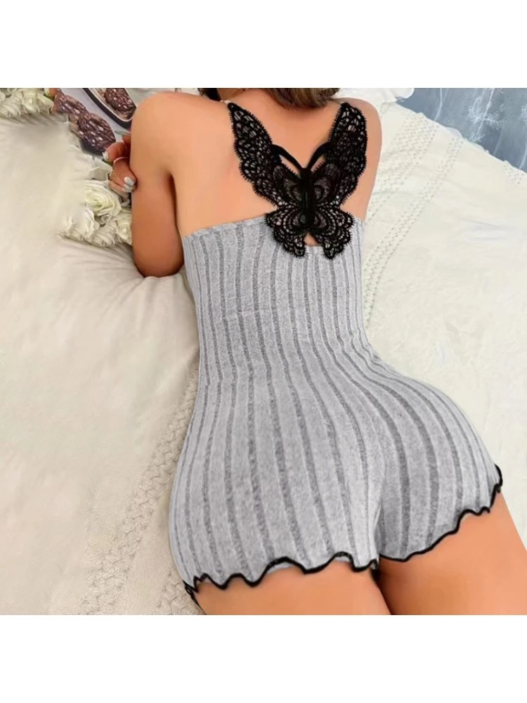 Patchwork Lace Spaghetti Straps Rib Rompers - Image 6