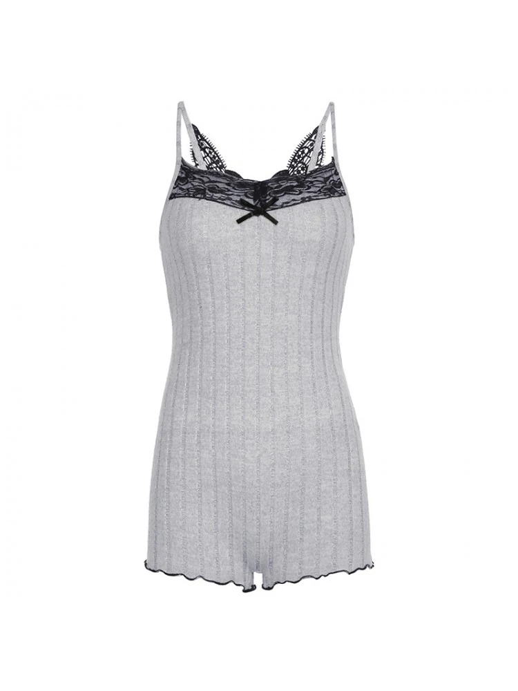 Patchwork Lace Spaghetti Straps Rib Rompers - Image 10