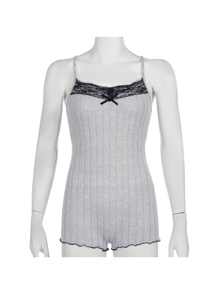 Patchwork Lace Spaghetti Straps Rib Rompers - Image 12