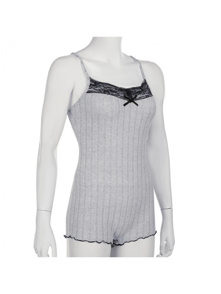 Patchwork Lace Spaghetti Straps Rib Rompers - Image 13