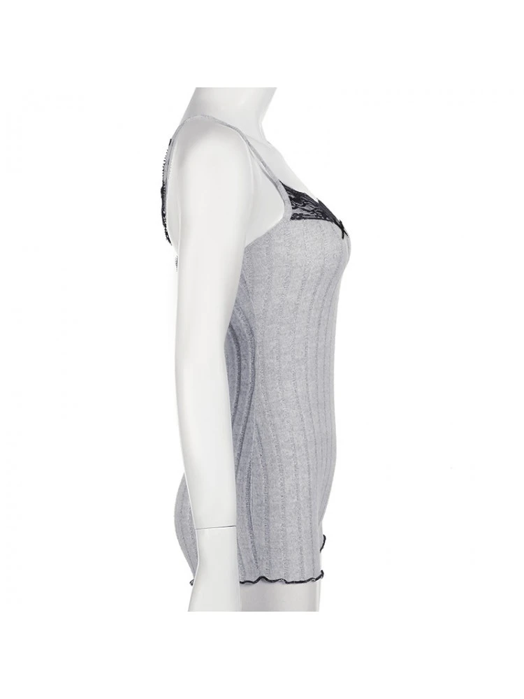 Patchwork Lace Spaghetti Straps Rib Rompers - Image 14