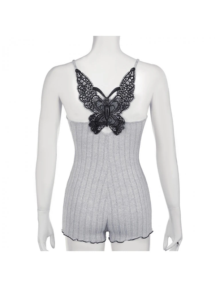 Patchwork Lace Spaghetti Straps Rib Rompers - Image 15