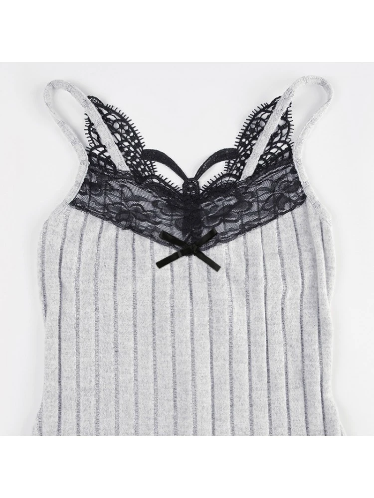 Patchwork Lace Spaghetti Straps Rib Rompers - Image 16