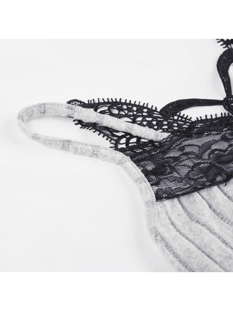 Patchwork Lace Spaghetti Straps Rib Rompers - Image 20