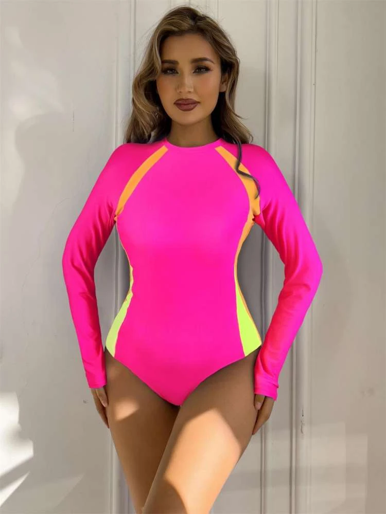 Colorblock Crewneck Bodycon One-Pieces Swimwear