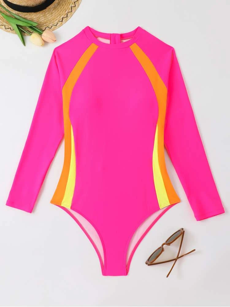 Colorblock Crewneck Bodycon One-Pieces Swimwear - Image 2