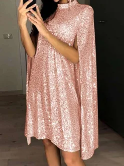 Stand Collar Sequin Cape Sleeve Mini Dress