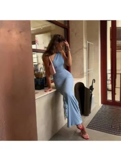 Ruffle One Shoulder Backless Maxi Dresses