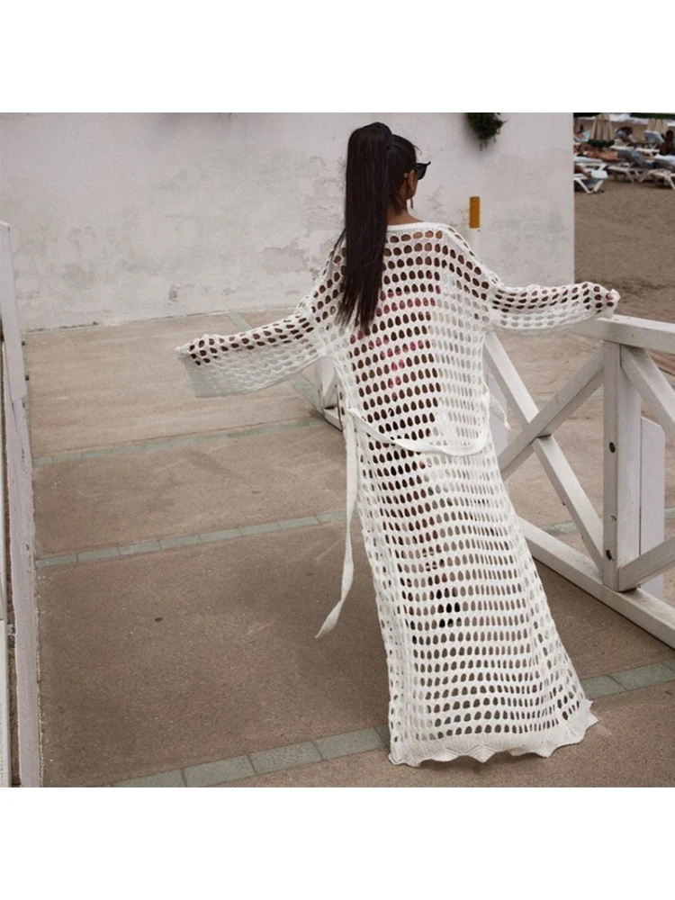 Hollow Out Solid Color Knitting Cover Ups - Image 3