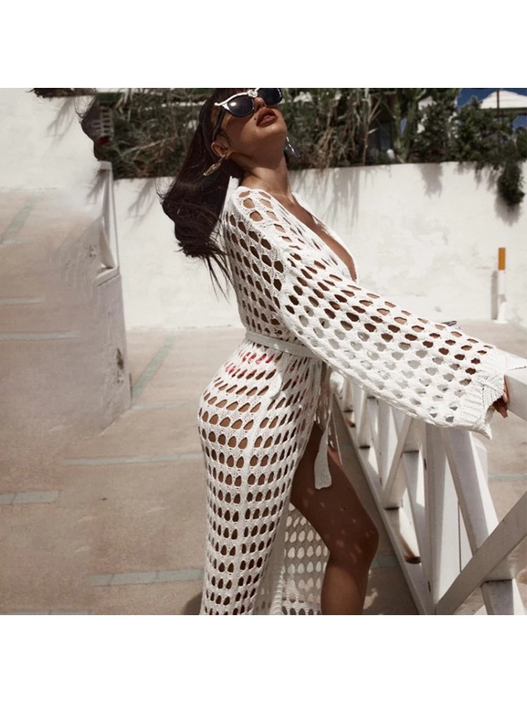 Hollow Out Solid Color Knitting Cover Ups - Image 5