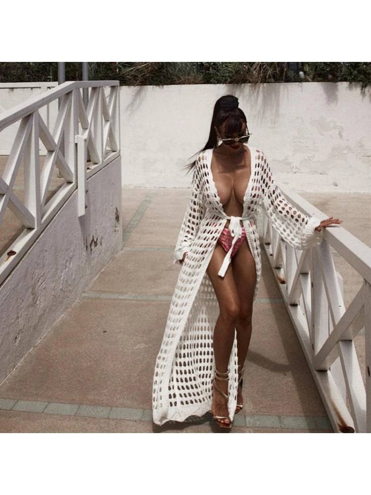 Hollow Out Solid Color Knitting Cover Ups - Image 8